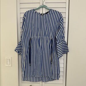 Zara Blue and White Tunic with Mandarin Collar and Tie Front